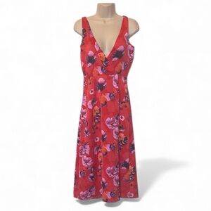 Banana Republic Red Floral V-Neck Sleeveless Midi Dress Women's Size 0 Summer